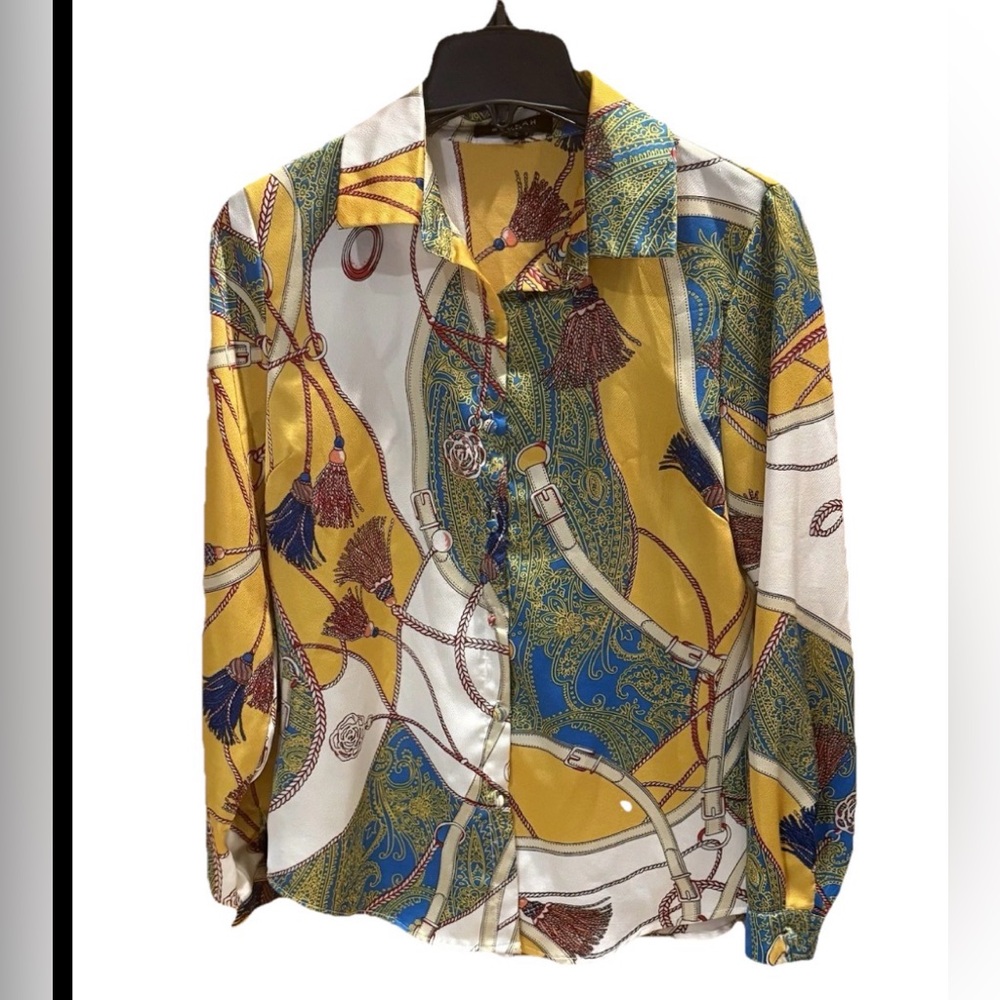 Beulah Style Equestrian Tassel Button Down Satin Blouse Size Medium